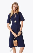 TORY BURCH Jules Navy Short Sleeves A Line Knee Length Structured Dress Sz M