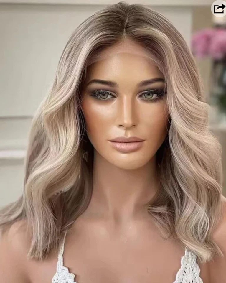 Peluca de encaje cabello humano 13x4 Natural Mezclada y enraizada Resaltar Rubio Ceniza Ondulado Bob Foto 3 de 4