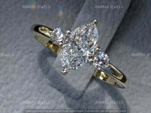 3 Ct Marquise Cut Moissanite Three-Stone Engagement Ring 14K Yellow Gold Plated