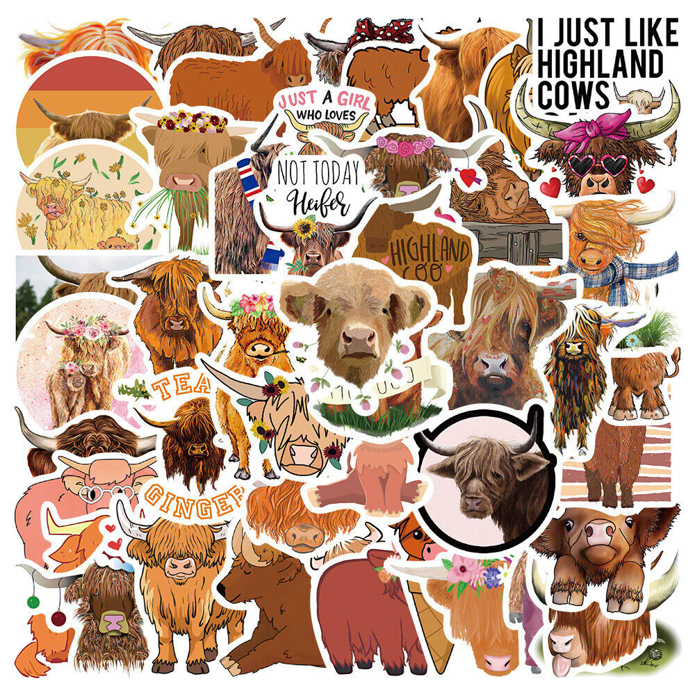 Cow Stickers 50 Pcs Highland Cattle Vinyl Decal Waterproof Cow Stickers 50 Pcs Highland Cattle Vinyl Decal Waterproof