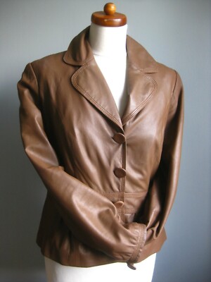 M&S real leather JACKET 10 8 AUTOGRAPH peplum soft smart feminine tan soft