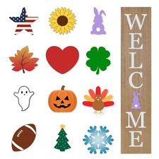 Interchangeable Wooden Porch Welcome Sign with 12 Interchangeable Icons 45"X9...