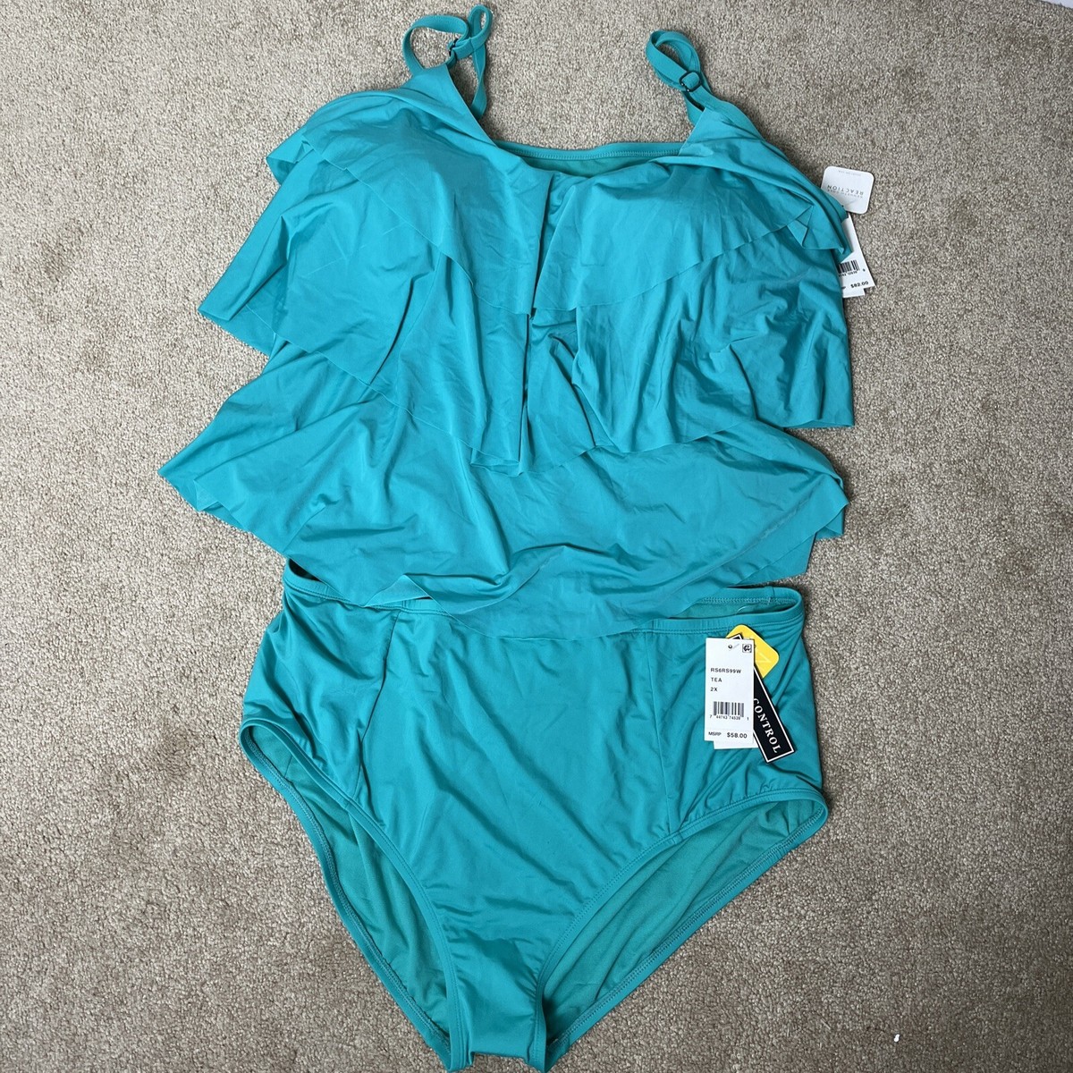NWT Kenneth Cole Reaction Women's Ruffle Swimsuit 2-pc Green Top