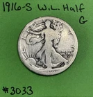 1916 S Liberty Walking Half Dollar Good 90% Silver Key Date