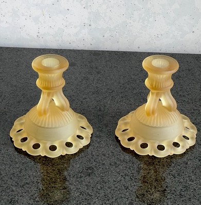 Westmoreland Yellow Satin Glass Doric Open Lace Candleholder Pair As Is*