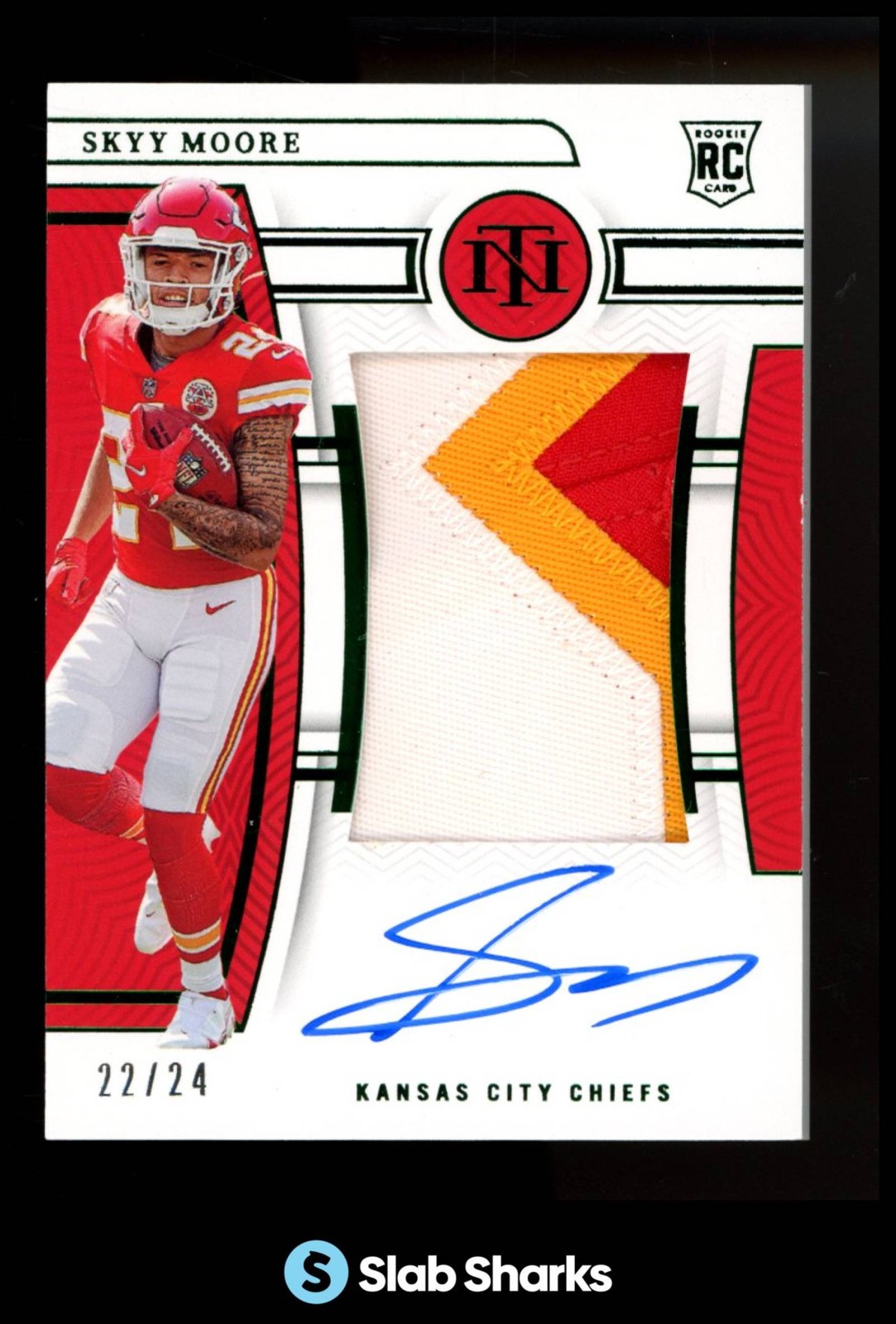 2022 NATIONAL TREASURES SKYY MOORE ROOKIE PATCH AUTO GREEN JERSEY NUMBER RC /24