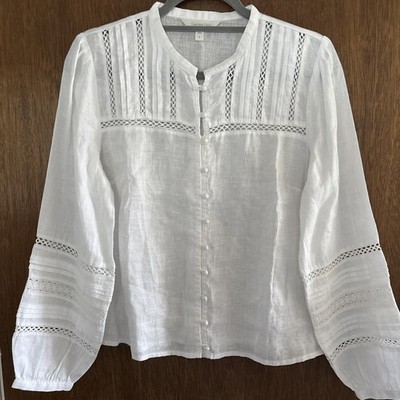 Garnet Hill 100 Linen Lace-Inset White Blouse Sz 8 NWOT Puff Sleeves Boho
