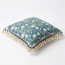 Boho Floral Indigo Throw Pillow Tassels With Filler Home Sofa Decor 20x20x6 Inch