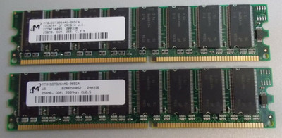 2x Micron MT8VDDT3264AG-265CA, DDR 256MB, PC-2100, Non ECC 266Mhz RAM. #SU-211