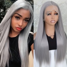 Natural Long Silky Straight Hair Gray Color Synthetic Lace front Wigs Glueless
