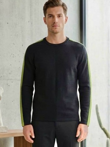 Mugler, Vintage Thierry Mugler Black Wool Crewneck Sweater w/Neon Green Stripe 52/ US XL