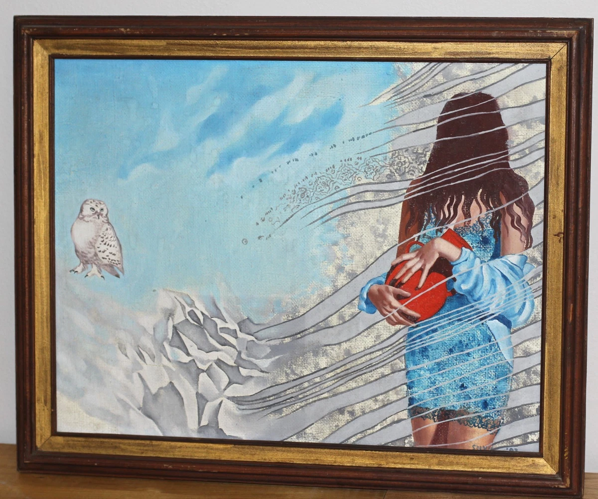 Beautiful Modern abstract oil painting Girl and Owl