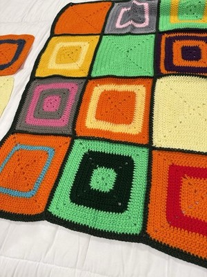 Handmade Crochet Throw Blanket Retro Boho Afghan w/ Matching Granny Squares Lot