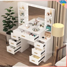 7 Drawers Vanity Desk Set with Large LED Lighted Mirror for Bedroom Makeup Table