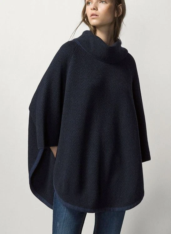 Massimo Dutti Navy Blue Herringbone Wool Blend Poncho Cape Cowl Neck One Size M