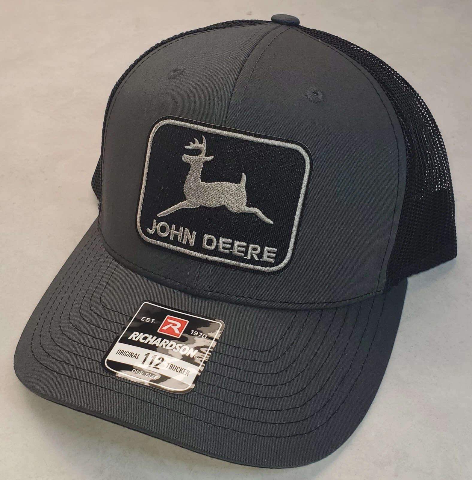John Deere Black Patch on Richardson 112 Trucker Hat Snapback Charcoal/Black