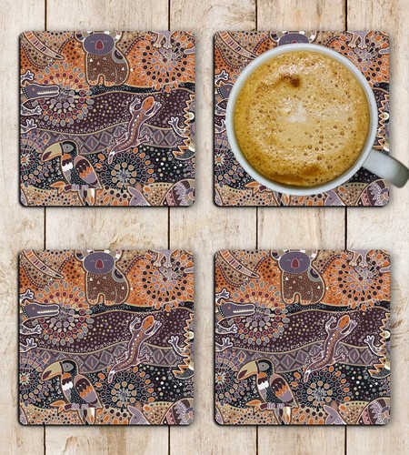 Aboriginal Art Drink Coasters Set of Four Neoprene - Foto 4 di 8
