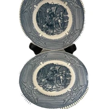 Vintage Mount Clemons set of 2 blue transferware Family Farm Scene