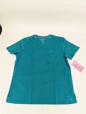 Landau ProFlex Men's Scrub Top Medium Teal V-Neck Double Chest Pocket LT108