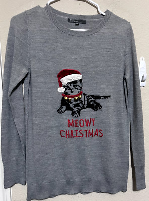 Meowy Christmas Grey Sweater Kitty Cat Holiday 89th & Madison sz S