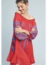 Ranna Gill Anthropologie Linen Lightweight Off Shoulder Embroidered Dress Size S