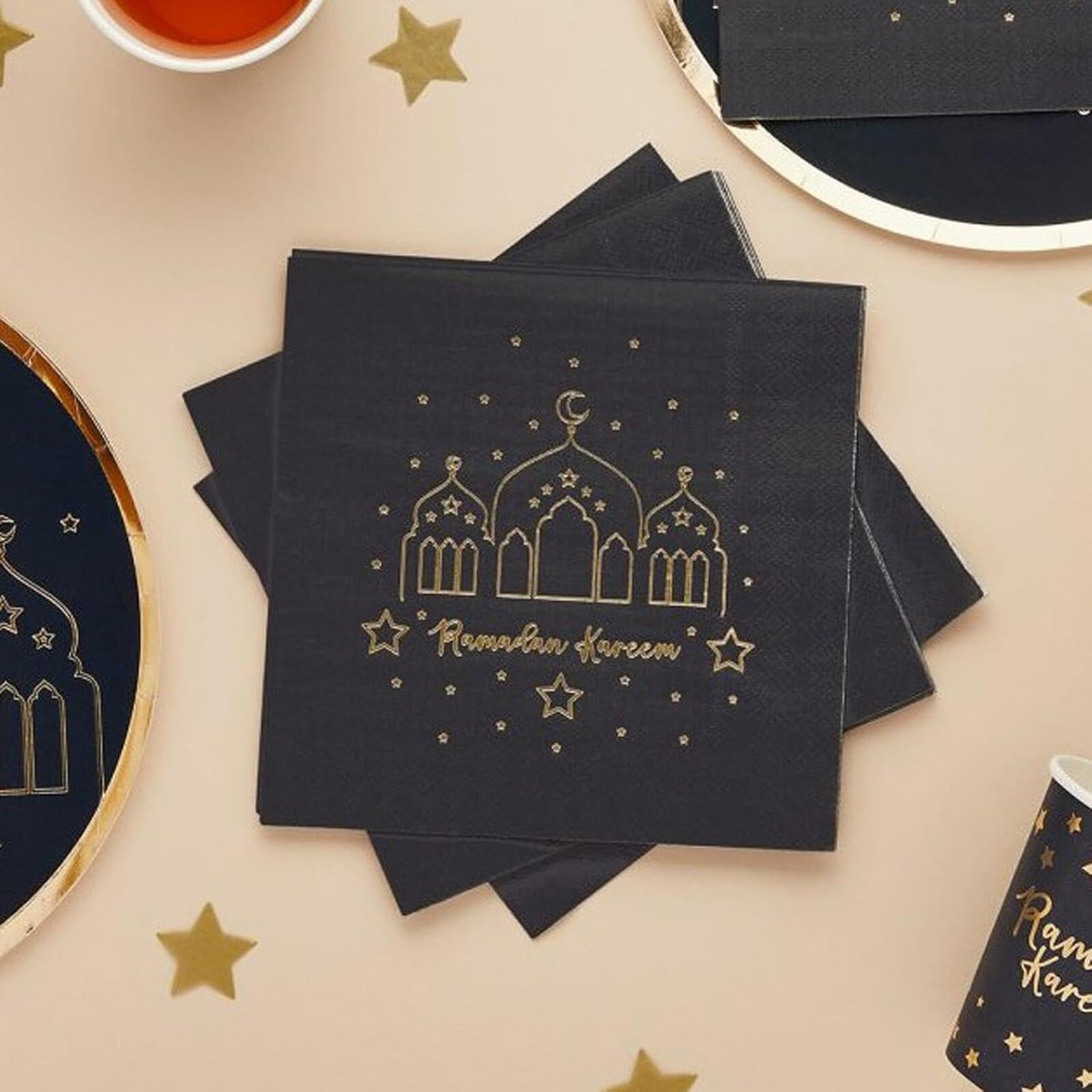 Ramadan Kareem Black & Gold Paper Napkins – Elegant Ramadan Tableware Pack of 16