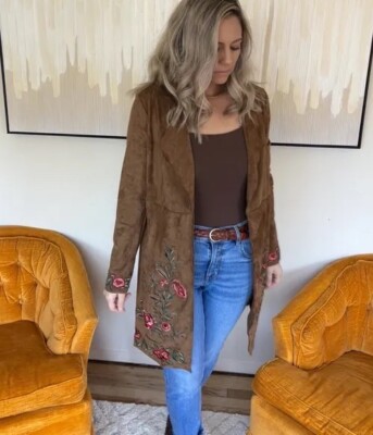 CURATIONS Bohemian Glamour Stretch Long Jacket / Coat Embroidered S