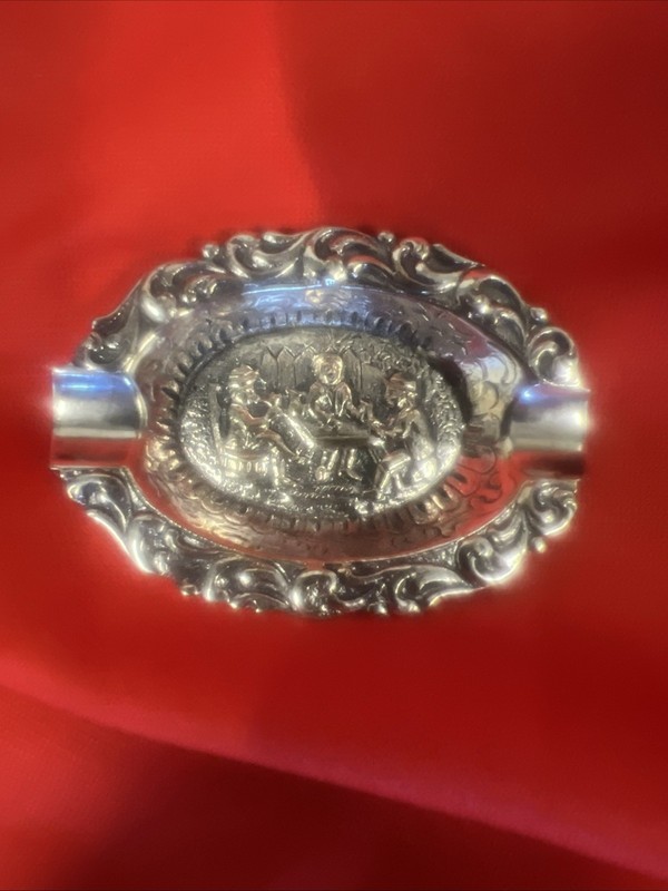 Antique, 800 Silver Pub Scene Ashtray 2.75”/2”