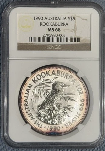 1990 Australia Kookaburra NGC MS 68 Rare Beautiful Toning 1oz Silver coin