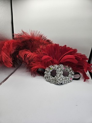 Mardi Gras Feathered Carnival Costume Masquerade Mask Black w/Red Flashing