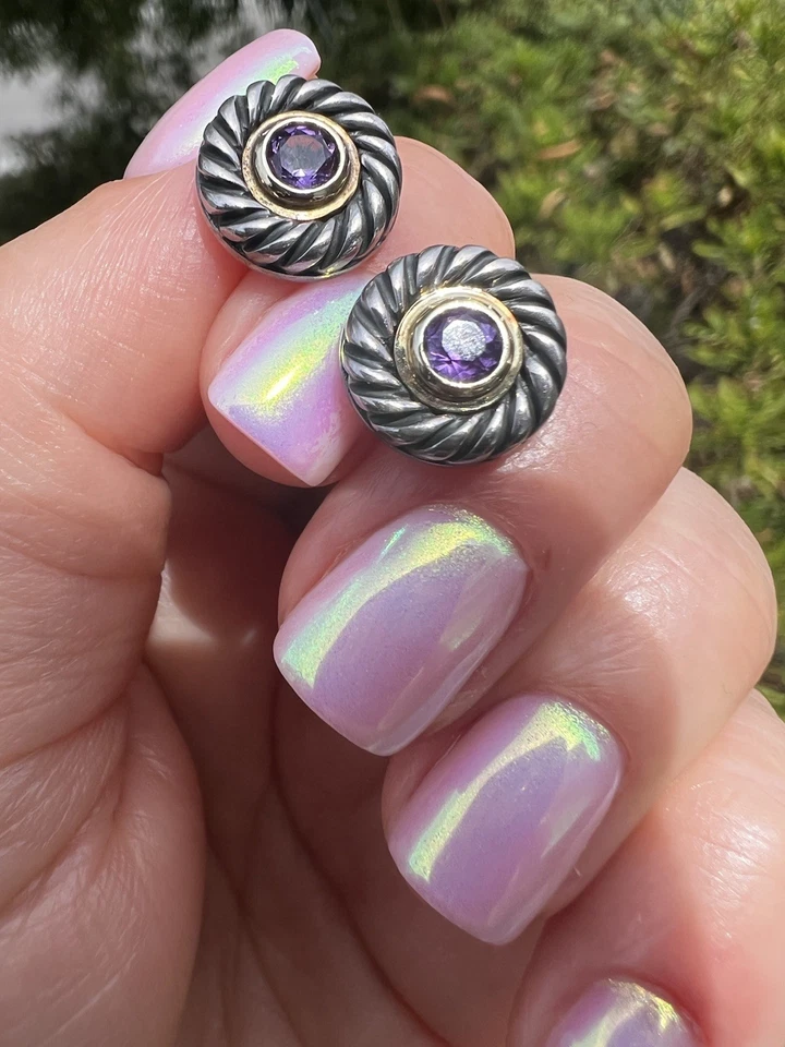 Aretes David Yurman plata de ley oro 14K amatista galleta Foto 4 de 4