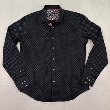 NEW Bugatchi Mens Large Button Up Shirt Shaped Fit Black Dotted Floral Accent