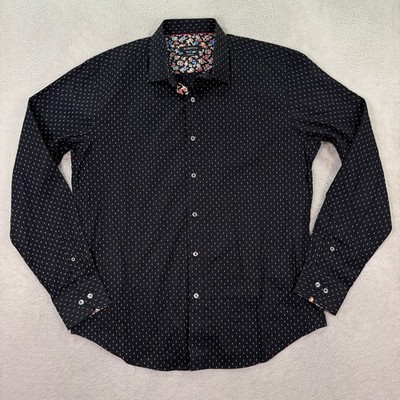 NEW Bugatchi Mens Large Button Up Shirt Shaped Fit Black Dotted Floral Accent