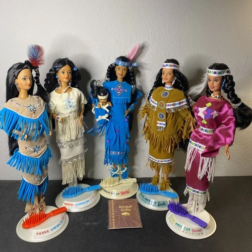 VTG 80’s Barbie Native American Indian Lot of 5 w/ Stands + Accessories NEW