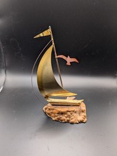 Mid Century Brass Sailboat Sculpture on Burl ...