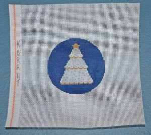 hand painted needlepoint canvas #18 white Xmas tree ornament silver navy blue 3"