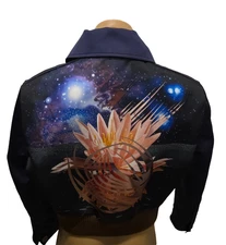 LANVIN James Rosenquest Dark Blue Jacket with Gold Logo Pull Tab & Art at Back