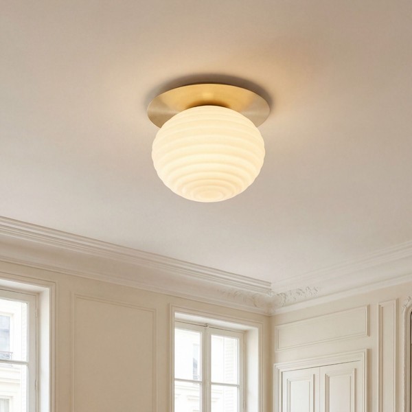 Deckenleuchte Wohnzimmer Glas Metall Weiß Gold Ø35 Cm E27 Deckenlampe Rund-image