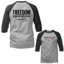 Charlie Kirk Jesus Defeated Death True Patriot Memorial 3/4 Sleeve Raglan
