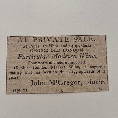 Private Sale Madeira Wine John M'Gregor 1806 Philadelphia Clipping SAJ5-S37