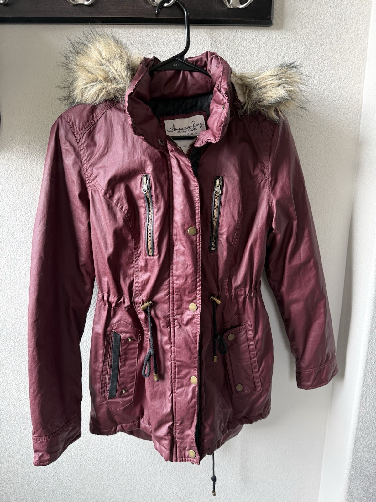 American Rag Cie Women's Burgundy Fur Trim Hooded Quilted Parka Jacket Size S