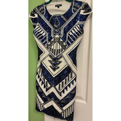 Express Sequin Geometric Art Deco Flapper Dress Blue Silver White Size S