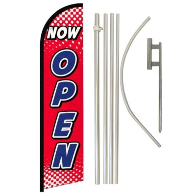 Now Open Red & White Windless Banner Flag & Flag Pole Kit & Ground Spike