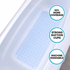 Extra Long Bath Mat: Light Blue Non-Slip Bath Safety Mat with Suction Cups
