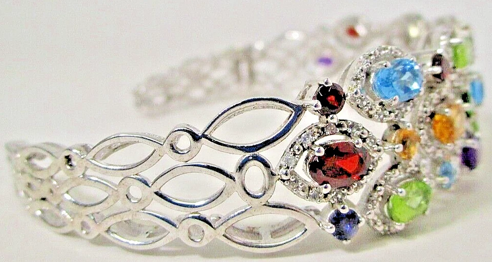 Brazalete Vintage Plata Esterlina Granate Topacio Citrino Amatista Todas Piedras Genuinas Foto 3 de 4
