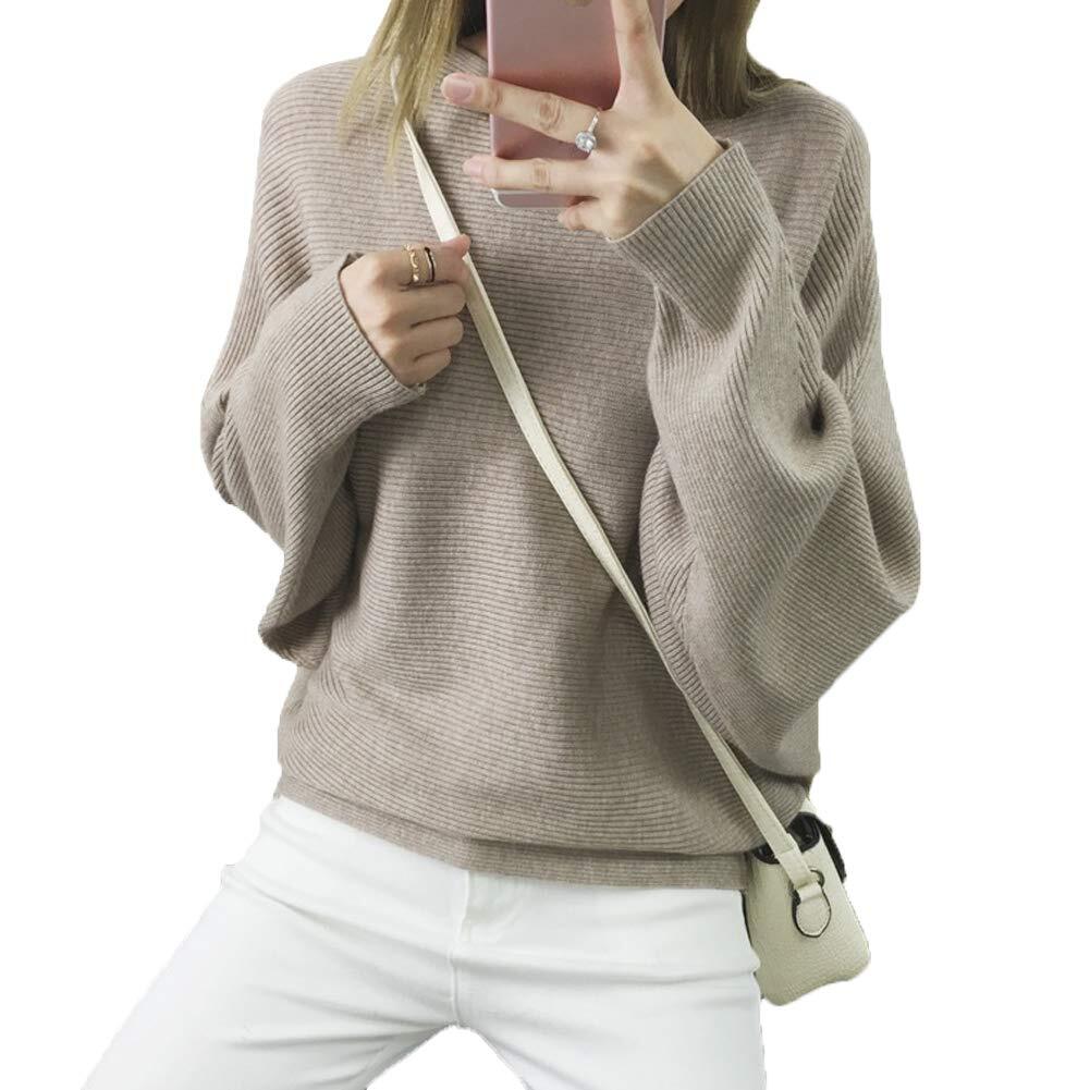 Ckikiou Women's Lightweight Oversized Sweater - Batwing Sleeve, Boat Neck, Ribbed Knit Pullover (Khaki+Black, One Size) - View #2