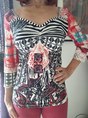 SAVE THE QUEEN VINTAGE Y2K BLUSE MADE IN ITALY LARGE ABSTRACT PINK SCHWARZ