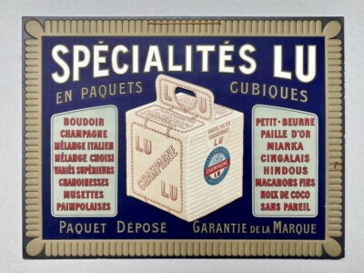 LU / Lefèvre-Utile ''LU-Spezialitäten in Kubikpackungen'': Lithographiertes Schild