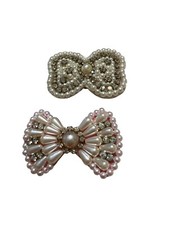 Set Of 2 Faux Pearl Rhinestone Bow Hair Clips Barrettes Girls Dogs Felt Back