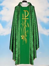 Green Brocade Chasuble and Stole, Embroidered Chi Rho Design Chasuble Vestment